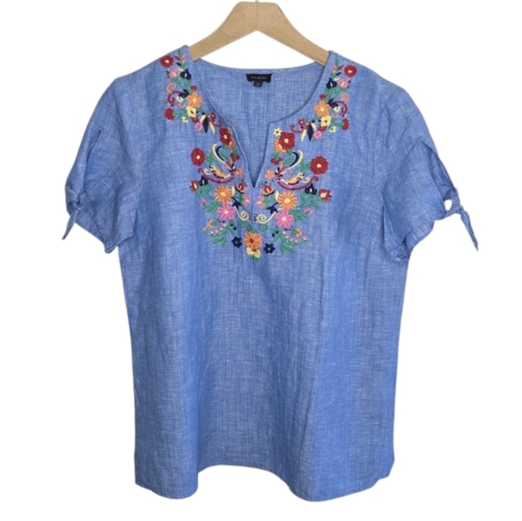 Talbots | Chambray Linen Blend Floral Embroidered Popover Top Tie Sleeves Medium - Picture 1 of 7